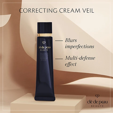 Image 1 - A dark bottle of Clé de Peau Beauté Correcting Cream Veil is displayed on a light, abstract background with text beside it stating Blurs imperfections and Multi-defense effect.
Image 2 - A woman with long brown hair wearing a black sleeveless top sits outdoors with soft greenery in the background, accompanied by the text Visibly blurs imperfections & roughness to highlight skin contours and clé de peau BEAUTÉ.
Image 3 - A woman with long dark hair, wearing a black sleeveless top and earrings, is gently holding a black skincare product close to her face, with a soft smile; the text on the image reads: In 2 weeks, skin quality has improved* *Self-assessment results from 99 women, and the logo for Clé de Peau Beauté is visible in the bottom right corner.