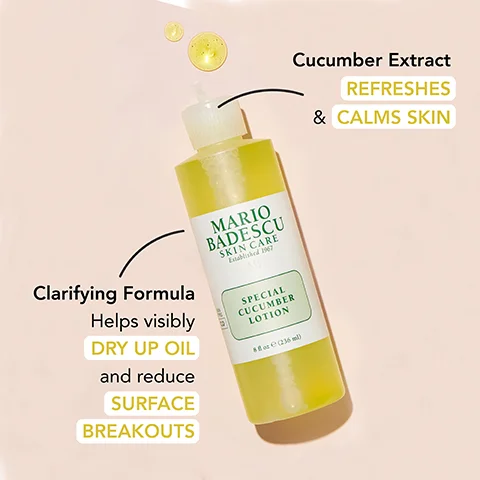 Image 1 - Image of a yellow bottle of Mario Badescu Special Cucumber Lotion with a green label, featuring text that reads Clarifying Formula, Helps visibly dry up oil and reduce surface breakouts, Cucumber Extract, Refreshes and calms skin, and established 1967.