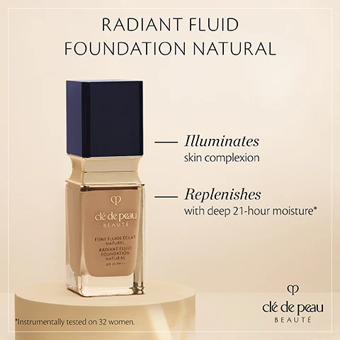 image 1, radiant fluid foundation natural. illuminates skin complexion. replenishes with deep 21 hour moisture. image 2, instantly creates a radiant healthy glow for a natural even skin tone. image 3, in 12 weeks skin dullness and moisture levels are visibly improved. self assessment results by 105 women aged 25-60.