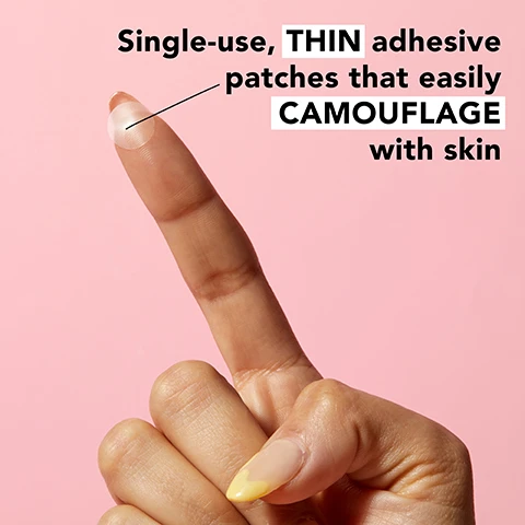 Image 1 - A close-up of a hand holding a finger up with a thin, clear adhesive patch on the fingertip, against a pink background; visible text reads Single-use, THIN adhesive patches that easily CAMOUFLAGE with skin.
Image 2 - Image of fresh orange slices and bubbles with text listing ingredients: blemish reducing salicylic acid, skin balancing + oil regulating niacinamide, and collagen-promoting vitamin C.
Image 3 - Image shows a skincare product packaging from Mario Badescu with a box labeled DRYING PATCH and a bottle labeled DRYING LOTION, with instructional text for use in the AM and PM, stating Stick on a Drying Patch for INVISIBLE DAYTIME TREATMENT and Dab on Drying Lotion before bed for OVERNIGHT RESULTS.
Image 4 - Image shows a pink background with four skincare products from Mario Badescu: a small bottle of Original On-The-Spot Drying Lotion, a jar of Pore Minimizer, a jar of Drying Mask, and a box of Drying Patch; the visible text includes product descriptions related to blemishes, blackheads, and clogged pores.