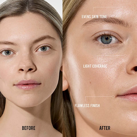 Image 1 - A side-by-side comparison shows a woman’s face on the left with a natural, unmade-up look labeled BEFORE and on the right with a dewy finish and minimal makeup labeled AFTER, with text noting EVENS SKIN TONE, LIGHT COVERAGE, and FLAWLESS FINISH.
Image 2 - Three close-up images of faces showcasing different skin tones labeled as LIGHT, MEDIUM, and DARK.
Image 3 - A close-up of three different textured creams in shades of beige, with descriptors for each ingredient: Hyaluronic Acid (water-binding, plumps skin, reduces wrinkles), Vitamin E (anti-oxidant and moisturising), and Organic Glycerin (restorative qualities for hydrated and smoother skin).
Image 4 - A close-up image of a person applying makeup with a brush on their cheek, featuring text that reads reflects light for radiant glow, flawless finish, evens out skin tone, and MUA favourite.
Image 5 - Three tubes of Vita Liberata Beauty Blur Luminous BB/CC Cream in Light, Medium, and Dark shades are displayed against a beige background, featuring reviews that highlight the products lightweight formula and effectiveness.