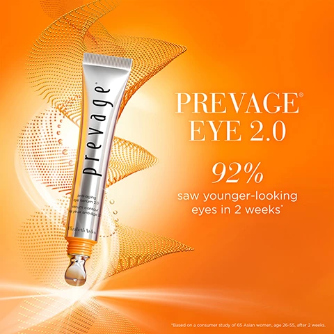 Image 1 - An orange and white promotional image featuring a tube of Prevage Eye 2.0 with the text PREVAGE EYE 2.0 92% saw younger-looking eyes in 2 weeks and a disclaimer below stating *Based on a consumer study of 65 Asian women, age 21-55, after 2 weeks.
Image 2 - A skincare tube with a cooling tip is partially submerged in ice, accompanied by the text that reads Instantly brightens and de-puffs along with a citation of a clinical study.
Image 3 - Image shows various ingredients arranged in small circular containers, including turmeric, oils, and powders, with text stating Powered by Idebenone The Single Most Powerful Antioxidant +5 Age-Defying Ingredients.
Image 4 - Image of a skincare product bottle with a silver cap, featuring statistics around it: 98% agree skin feels firmer, 95% agree eyes look younger, 97% agree eyes look more wide-awake, and 92% agree dark circles were reduced, with the brand name Elizabeth Arden visible on the bottle.
Image 5 - Image shows an abstract design of orange dots forming a wave-like pattern with three lines of text: PROTECTS against environmental aggressors, CORRECTS visible eye area aging signs, and PERFECTS skin for a youthful glow.
Image 6 - A silver and yellow tube of skincare product is shown, with text indicating 57% improvement in skin tone, 36% immediate improvement in brightness, and 42% reduction in dark circles.
Image 7 - A silver and white tube and a pump bottle of Prevage eye cream are displayed against a vibrant orange background with the text THE POWER OF 2.0 Now for Eyes and Elizabeth Arden visible.
Image 8 - Image shows a lineup of skincare products arranged from left to right, including a cleansing tube, four small bottles labeled 1 to 4, a silver and yellow serum, eye cream, and two jars, all with a sleek design, above the text daytime & nighttime REGIMEN, with labels for each product indicating their functions: cleanse, resurface, correct, eye, perfect, and protect.