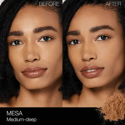 Image 1, before and after MESA Medium-deep. Image 2, find your shade of light reflecting setting powder. Image 3-4, light reflecting complex optically fades fine lines wrinkles and pores. Photochromic technology asjusts complexion tone in response to the intensity of light. Glycerin and vitamin E helps guard against dryness and keep skin comfortable. Image 5, routine for radiance, 1=radiance primer spf 35. 2 = light reflecting foundation. 3 = radiant creamy concealer. 4 = light reflecting setting powder