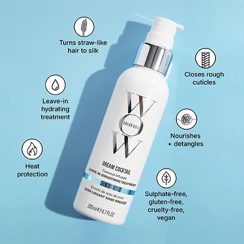 Image 1 - A white Color Wow Dream Cocktail Coconut-infused Leave-in Smoothing Treatment bottle with a silver pump dispenser is shown diagonally on a blue background, surrounded by six circular icons and their descriptions: a wheat stalk with Turns straw-like hair to silk, a water drop with Leave-in hydrating treatment, a flame with Heat protection, hair strands with Closes rough cuticles, tangled hair with Nourishes + detangles, and a leaf with Sulphate-free, gluten-free, cruelty-free, vegan; the bottle itself reads: WOW COLOR WOW DREAM COCKTAIL Coconut-infused LEAVE-IN SMOOTHING TREATMENT Enrichi de noix de coco SOIN LISSANT SANS RINÇAGE 200ml e 6.7 FL OZ. Image 2 - A sleek silver Color Wow Dream Coat spray bottle with a clear nozzle is displayed on a blue background, with the bottle reading WOW COLOR WOW DREAM COAT SUPERNATURAL SPRAY SPRAY PRODIGIEUX magically transforms texture amazing humidity-proofing powers transforme la texture des cheveux protection incroyable contre lhumidité 200ml e 6.7 FL OZ, and accompanying text lists benefits as Repels moisture and humidity, Cruelty-free, Vegan, gluten-free, sulphate-free, no conditioning agents, Results last through 3-4 shampoos, Super lightweight + non-greasy, Doubles as a heat protectant.