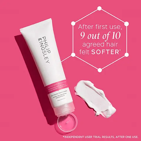 Image 1, KINGSLEY PHILIP CASTICIZER BOOSTER WSTRING CONDITION After first use, 9 out of 10 agreed hair felt SOFTER* *INDEPENDENT USER TRIAL RESULTS, AFTER ONE USE. Image 2, KINGSLEY PHILIP ELASTICIZER BOOSTER wes and protects damages RESTORING CONDITIONER APRES SHAMPOOING REPARATEUR Elasticizer Booster: USE IT YOUR WAY 1. In place of your usual conditioner for a richer condition. 2. Layered over the top of your conditioner for an instant hydrating boost 3. As a 5-10 minute flash mask.