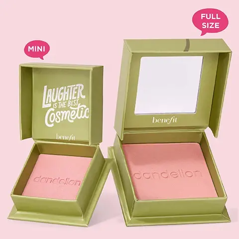 Image 1 - A green box of Benefit cosmetics containing a blush product is shown, with a smaller box labeled MINI and a larger box labeled FULL SIZE, both featuring the text Laughter is the best Cosmetic and dandelion.
Image 2 - A flat lay of various makeup powders in different shades, with labels including Silky-soft powder, Ultra-fine, Airbrushed & blurring effect, Weightless, and Satins, shimmers & mattes.