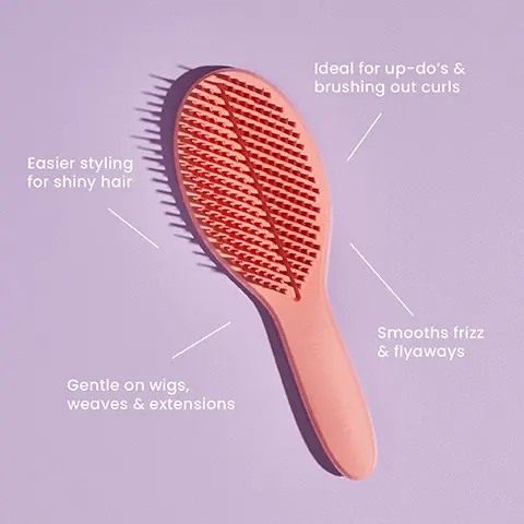 Image 1,  Easier styling for shiny hair Ideal for up-do's & brushing out curls Gentle on wigs, weaves & extensions Smooths frizz & flyaways Image 2  95% agree the hairbrush blends in/smooths over extensions
