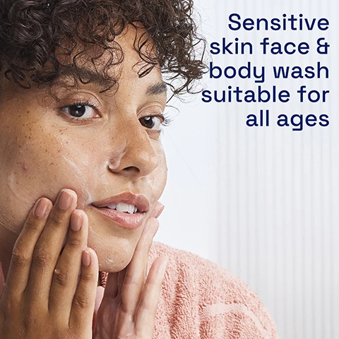 Image 1 - A person with curly hair is applying a facial cleanser to their face while wearing a pink robe, with visible text that reads sensitive skin face & body wash suitable for all ages.
Image 2 - Close-up of a smiling womans face with her hand on her cheek, showing clear skin and freckles, accompanied by the text Clinically proven to remove dirt, make up and impurities gently.
Image 3 - An image of a light blue creamy texture with text detailing the benefits of ingredients: Niacinamide to Restore, Panthenol Pro-Vitamin B5 to Soothe, and Glycerin to Hydrate, with the heading Hydrates as it cleanses.
Image 4 - A person is holding a bottle of Cetaphil Gentle Skin Cleanser, with text that reads Hypoallergenic, fragrance-free, soap free & vegan, and a seal that says Dermatologist Recommended for Sensitive Skin.
Image 5 - Image shows three Cetaphil skincare products on a marble background, with labeled steps for a normal to dry sensitive skin routine: Step 1 Cleanse, Step 2 Moisturise, and Step 3 Protect with SPF.
Image 6 - A person’s hand dispensing Cetaphil Gentle Skin Cleanser from a pump bottle on a bathroom countertop, with text on the right stating Gentle enough to be used with or without water.
Image 7 - Image of a bottle of Cetaphil Gentle Skin Cleanser on a bathroom counter, with a blue towel beside it, and text stating Skin Sensitivity 5 Signs and Defends Against Dryness, Irritation, Roughness, Tightness, Weakened Skin Barrier.
Image 8 - A logo for Cetaphil featuring the text #1 DERMATOLOGIST RECOMMENDED CLEANSING BRAND with a blue and green design.