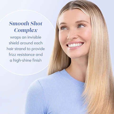 Image 1 - A smiling woman with long, straight blonde hair wearing a light blue top is shown alongside text that reads Smooth Shot Complex wraps an invisible shield around each hair strand to provide frizz resistance and a high-shine finish.
Image 2 - A light blue spray bottle labeled LIQUID GLASS with text stating Fine-Medium Hair, Miracle Smoothing Sealant, Protects from heat up to 450°F, and Leaves hair moisturized with a super glossy, silky finish, alongside the branding drybar and additional notes about lasting through 3 washes and clinical testing.
Image 3 - A person holds a spray bottle labeled Liquid Glass, Miracle Smoothing Sealant, for fine to medium hair, with the text highlighting its made without gluten, honey, keratin, protein, and nut oils, and stating that its vegan and cruelty free.