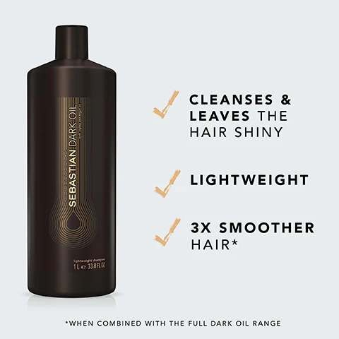 Image 3 - A black bottle of Sebastian Dark Oil lightweight shampoo is shown against a light blue background, featuring text that states cleanses and leaves the hair shiny, lightweight, and 3x smoother hair, with a note indicating results are when combined with the full Dark Oil range.
Image 5 - A black bottle of Sebastian Dark Oil lightweight conditioner features a gold label and a drop design, surrounded by three checkmarked benefits: detangles & smoothens, keeping hair lightweight; smooth hair with body; and 3X smoother hair when combined with the full Dark Oil range.