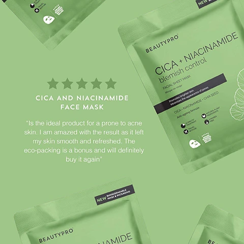 Image 1 - A green facial sheet mask package labeled CICA AND NIACINAMIDE blemish control features five stars above the text and includes a review stating it is ideal for acne-prone skin, leaving the skin smooth and refreshed, with eco-friendly packaging.
Image 2 - A woman with a facial mask gently touching her face is shown alongside text highlighting environmental benefits: biodegrades into organic matter, breaks down in 1% of time compared to traditional plastic, no micro-plastics in the soil or sea, dispose in general waste, recycling or compost.
Image 3 - Image shows three ingredients in glass dishes: a green leaf labeled CICA with the text Smoothes and tightens, a dish of black chia seeds with the text CHIA SEED barrier repair, and sliced cassava root with the text CASSAVA ROOT Reduces redness.