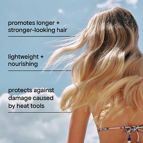 Image 1 - A woman with long, wavy blonde hair blowing in the wind is shown from behind, wearing a patterned bikini top against a blue sky, with text on the left stating promotes longer + stronger-looking hair, lightweight + nourishing, and protects against damage caused by heat tools. Image 2 - A hand sprays a bottle of Bondi Boost HG Heat Protect Spray, labeled Bondi Boost HG Heat Protect Spray, Davidson Plum, Rosemary Plus Vitamin B5, Vaporisateur De Protection Thermique HG, Prune Davidson, Romarin Plus Vitamine B5, 20 mL/6.8 fl.oz., Professional Formulas, displayed next to three images depicting ingredients: a plum with text australian davidson plum helps to boost collagen & prevents damage, an aloe vera leaf with text aloe vera balances, hydrates, and conditions, and rosemary sprigs with text rosemary stimulates the scalp for longer, stronger hair. Image 3 - A person with blonde hair uses a round styling brush, next to text on a blue background that reads: how to use mist from your roots to ends before styling with hot tools, to minimize the effects of heat-induced damage. protects hair up to 450°F / 230°C. Image 4 - A woman with long wavy blonde hair from behind is spraying a product into the air against a blue sky, with text that reads improved split ends by 86% after 1 use*, and two inset images show a magnified hair strand labeled before with a split end and a hair strand labeled after that is smooth, with additional small text *Based on an in vitro study of bleached hair tresses using Heat Protect Spray. Image 5 - Three BondiBoost hair products: a leave-in mask, a heat protect spray, and a finishing oil, are displayed with a white infrared thermal brush showing 160 degrees, and text that reads the healthier way to heat infrared thermal brush + heat protect spray. Image 6 - A person sprays a white bottle of hair product, creating a fine mist on their long brown hair, with overlay text that reads protects hair up to 450°F/ 230°C. Image 7 - A smiling woman with blonde curly hair sprays a product from a white bottle, with text reading smoothes & coats cuticles after 1 use without weighing down the hair, and smaller text reading Based on an in vitro study on hair tresses using scanning electron microscopy to show treated hair vs non treated hair during flat iron styling at 450°F/230°C. Image 8 - A split image shows blonde hair before and after styling, with frizzy and curly hair on the left labeled before, and smooth, wavy hair on the right labeled after, with text at the bottom stating products used: Heat Protect Spray + Infrared Thermal Brush.