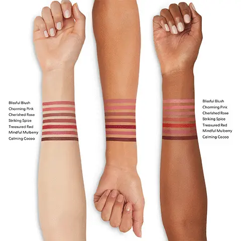 Image 1, Hand swatch model of all shades. Image 2, Product benefits. Image 3, Ingredients and their benefits. Image 4, Pencil made from reclaimed wood