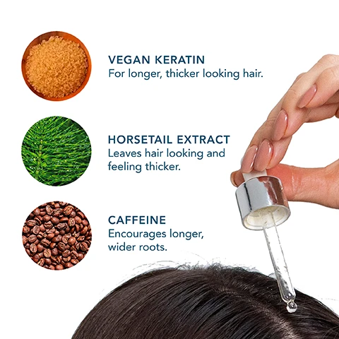 Image 1 - A person holding a dropper above the scalp, with labeled circles describing ingredients: vegan keratin, horsetail extract, and caffeine, along with their benefits for hair.
Image 2 - A bottle of Paradox Growth Advanced Scalp Serum with water droplets in the background, accompanied by claims that 100% said their hair was thicker and fuller, 100% saw a reduction in hair thinning, and 100% said their hair looked healthier.
Image 3 - Image shows a side-by-side comparison of hair before and after using a product, with the left side labeled BEFORE showing thinner hair and the right side labeled AFTER showing fuller hair, and a product bottle with text reading PARADOX GROWTH SCALP SERUM AFTER 3 MONTHS OF ADVANCED SCALP SERUM.
Image 4 - A bottle of advanced scalp serum labeled Growth with molecular graphics, on a gradient background, includes visible text stating absorbs overnight no rinse formula, 98% natural, vegan + cruelty free, no silicones, no alcohol, 96% plastic free packaging.
Image 5 - A graphic featuring molecular structures on a gradient background with the text THE SECRET IS TRIOPLEX TECHNOLOGY A true scientific breakthrough, our anti-hair loss technology is clinically proven to grow your hair in just 4 weeks.
Image 6 - Illustration showing a hair follicle progression over three months with the labels Before, Month 1, Month 2, and Month 3, indicating new hair growth and less breakage, fuller thicker looking hair, and further growth and less shedding, along with TRIoplEX technology at the top.
Image 7 - Image showing two microscopic images of hair strands labeled Before at the top and After below, with accompanying text reading HAIR STRAND MICROSCOPE RESULTS and IN JUST 4 WEEKS, HAIR CUTICLES ARE FILLED CREATING SMOOTHER HAIR THAT IS ALSO STRONGER AND LESS PRONE TO BREAKAGE.
Image 8 - A diagram illustrating hair health benefits, including sections labeled Stimulates Scalp Circulation Up to 47% New Hairs, Excessive Shedding, Enhances Hair Thickness Up to 75%, Breakage + Damage, and Strengthens Hair Bonds Reduces Breakage Up to 50%, with the term TRIPLEX Technology featured prominently.
Image 9 - Image shows two side-by-side views of a scalp before and after using a hair growth serum, with a dropper bottle of the product visible on the left and text indicating the results after three months of Advanced Scalp Serum.
Image 10 - Side-by-side images show a persons scalp before and after using a product labeled PARADOX GROWTH ADVANCED SCALP SERUM, indicating visible improvement in hair density after three months.