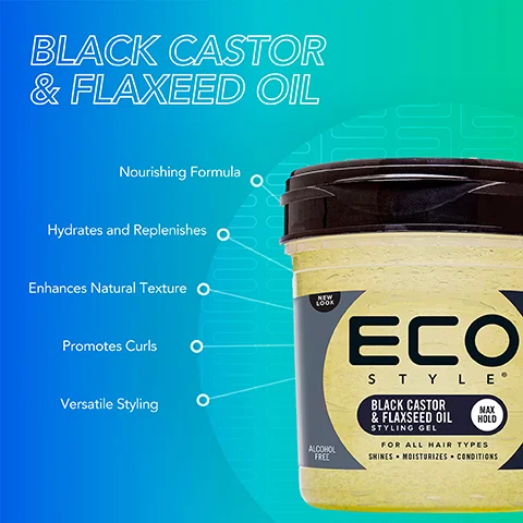 Image 1 - Image of a jar of Eco Style Black Castor & Flaxseed Oil styling gel, featuring a bright gradient background with bullet points highlighting benefits such as nourishing formula, hydrates and replenishes, enhances natural texture, promotes curls, and versatile styling, along with MAX HOLD and ALCOHOL FREE labels.