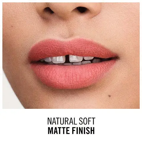Image 1, natural soft matte finish. Image 2, long lasting lipstick. Image 3, glides on seamlessly. Image 4, available in 15 shades.
