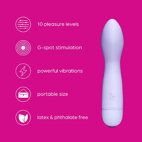 Image 1 - A purple vibrator is shown on a bright pink background, accompanied by icons and text indicating features: 10 pleasure levels, G-spot stimulation, powerful vibrations, portable size, and latex & phthalate free.
Image 2 - An image of a curved-tip vibrator with a pink background, illustrating the curved tip with an arrow indicating its direction, accompanied by text stating the curved tip is perfect for hitting that elusive G-spot as well as clitoral stimulation.
