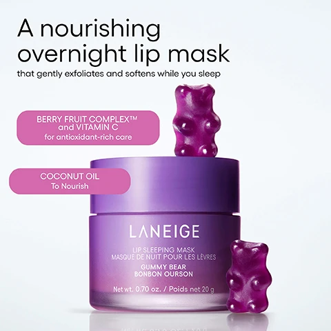 Image 1 - A purple Laneige Lip Sleeping Mask jar with a matching lid, one purple gummy bear resting on top of the jar and another beside it, is displayed with pink labels detailing ingredients and product information. Visible text reads: A nourishing overnight lip mask that gently exfoliates and softens while you sleep, BERRY FRUIT COMPLEX™ and VITAMIN C for antioxidant-rich care, COCONUT OIL To Nourish, LANEIGE LIP SLEEPING MASK MASQUE DE NUIT POUR LES LÈVRES GUMMY BEAR BONBON OURSON Net wt. 0.70 oz. / Poids net 20 g. Image 2 - A smiling woman applies a pink lip mask from a purple jar to her lips, with text that reads Less dead skin, More moisture, along with statistics showing 40.4%* Less dead skin cells after 8 Hours, 63.2%* Less dead skin cells after 1 week, 135%* Increase in moisture level immediately after, and 63.5%* Increase in moisture level while sleeping, plus a note stating Test conducted by Dermapro. Clinical test on 32 women aged 25.35. Test period: 2021.11.15 - 2021.11.26, and the jar label reads LANEIGE SLEEPING MASK MASQUE DE NUIT POUR LES LEVRES BERRY 20 g / 0.70 oz. Image 3 - The image shows four Laneige Lip Sleeping Mask tubs in purple, red, orange, and pink, arranged diagonally on a white background, featuring the text GOODNIGHT, CHAPPED LIPS, HYDRATE, NOURISH, SOFTEN, and on each tub, LANEIGE LIP SLEEPING MASK MASQUE DE NUIT POUR LES LÈVRES Net wt. 0.70 oz. / Poids net 20 g, with flavors GUMMY BEAR BONBON OURSON for purple, BERRY FRUITS ROUGES for red, VANILLA VANILLE for orange, and SWEET CANDY BONBON GOURMAND for pink.