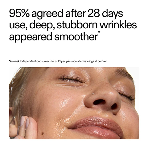 Image 1 - A close-up of a persons face with closed eyes, moist skin, and a hand touching their cheek, accompanied by text that reads 95% agreed after 28 days use, deep, stubborn wrinkles appeared smoother* *4-week independent consumer trial of 21 people under dermatological control. Image 2 - A close-up of a persons face showing an eye, part of a nose with a stud, and cheek, next to the text 95% Agreed after 28 days use, deep, stubborn wrinkles appeared smoother* *4 week independent consumer trial of 21 people under dermatological control. Image 3 - Close-up of a smiling person with freckles looking up and to the right, showing white teeth, with the text Why we love it, Smoothes and gently resurfaces skin, Reduces shine and evens tone, Calms, soothes, and refreshes. Image 4 - A pale yellow cream swiped diagonally across a white background, accompanied by text that reads: Why it works 1% Retinol RESURFACES SKIN TO REDUCE MARKS, SCARRING AND WRINKLES. 5% Apricot Kernel Oil PROTECTS THE SKIN AGAINST LOSS OF MOISTURE. 2% Squalane PROTECTS AND IMPROVES THE SKINS BARRIER. Image 5 - The image shows a hand holding a white tube labeled THE INKEY LIST SUPERSOLUTIONS 1% RETINOL SERUM developed with dermatologists, 1.0 US fl.oz / 30ml e, Scar, Mark and Wrinkle Solution, La Solution contre les cicatrices, les marques et les rides, along with instructions that read How to use USE A PEA SIZED AMOUNT AM + PM. MASSAGE ONTO FACE AND NECK, OR TARGETED CONCERN AREAS. AFTER CLEANSER, BEFORE MOISTURISER AND SPF IN THE AM. Image 6 - A close-up of a pale yellow cream with wavy textures, featuring the text How to layer your routine and a numbered list 1 CLEANSE, 2 HYDRATE, 3 TREAT (highlighted in a black circle), 4 MOISTURISE, 5 SPF.