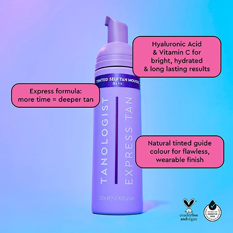 Image 1, hyaluronic acid and vitamin c for bright, hydrated and long lasting results. express formula more time = deeper tan. natural tinted guide colour for flawless wearable finish. Image 2, how to apply tinted mousse. step 1 = pump product onto mitt, step 2 = apply to skin in sweeping motions. step 3 = shower 1 to 4 hours after application, step 4 = wash hands thoroughly after application.