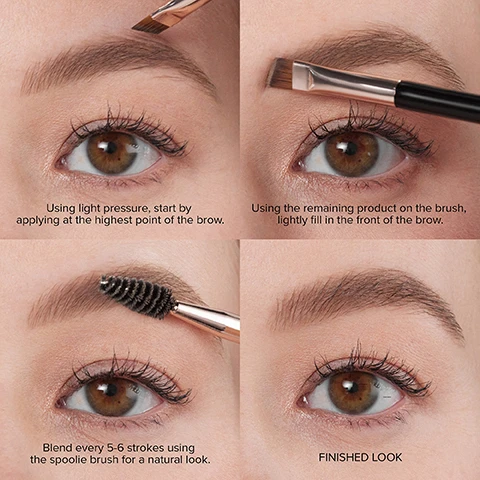 Image 3 - A four-panel image illustrates eyebrow makeup application: the top left panel shows a brush applying product to the highest point of the brow, followed by the text Using light pressure, start by applying at the highest point of the brow; the top right panel shows the brush filling the front of the brow, followed by the text Using the remaining product on the brush, lightly fill in the front of the brow; the bottom left panel shows a spoolie brush blending the brow, followed by the text Blend every 5-6 strokes using the spoolie brush for a natural look; and the bottom right panel shows the finished eyebrow, followed by the text FINISHED LOOK. Image 4 - Three rows of close-up eyes each display a before and after comparison of mascara application, showing natural lashes on the left and enhanced lashes on the right across different skin tones, with the text BEFORE and AFTER. Image 5 - A grid of six close-up images illustrates different brow types, titled Fill + Details All Brow Types, with individual labels Sparse Brows, Sparse, Straight Brows, Full, Patchy Brows, Coarse Brows, Brows with Oily Skin, and Sparse, Fine Brows. Image 6 - The image displays three open jars of brow pomade in dark, medium, and light brown shades, along with a black lid featuring a rose gold Anastasia Beverly Hills logo, next to text that reads: WATERPROOF, SMUDGE-PROOF, LONG-LASTING WEAR; VERSATILE FORMULA TO FILL, SCULPT + DETAIL BROWS; DELIVERS HAIR-LIKE TEXTURE WITH SMOOTH, EVEN APPLICATION. Image 7 - Close-up of a persons eye and eyebrow, with a makeup brush applying product to the eyebrow, and the text ANASTASIA TIP Add a drop of oil to keep it fresh. Image 8 - An open pot of brown Anastasia Beverly Hills brow pomade with its black lid showing a rose gold A logo sits on a white surface with a smudge of pomade underneath, next to the text SMOOTH, POMADE TEXTURE, Full-pigment, buildable formula for natural to bold brows, Allows time for blending before setting to a matte finish, Ideal for oily skin + humid climates. Image 9 - Close-up of a person with freckles using an angled brush to fill in their eyebrow, with the text PAIR WITH Brush 12 to fill and detail brows with precision.