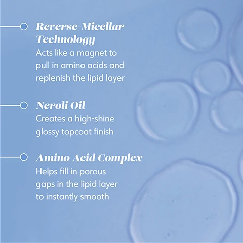 Image 1 - A soft blue background features three sections of text with headers, presenting descriptions of skincare ingredients: Reverse Micellar Technology, Neroli Oil, and Amino Acid Complex.
Image 2 - A bottle of Liquid Glass Instant Glossing Rinse from Drybar sits on a reflective surface with a light blue background, featuring text that reads Advanced Reverse-Micellar Technology, Smooths hair and leaves a high-shine, glossy finish in just 10 seconds.
Image 3 - A light blue bottle labeled LIQUID GLASS INSTANT GLOSSING RINSE with icons and text stating it is made without gluten, honey, keratin, protein, and nut oils, and also mentions it is vegan and cruelty free.