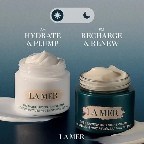 Image 1 - Two jars of skincare cream are displayed against a gradient background; on the left, a white jar labeled LA MER with the text THE MOISTURIZING SOFT CREAM and HYDRATE & PLUMP, and on the right, a green jar labeled LA MER with the text THE REJUVENATING NIGHT CREAM and RECHARGE & RENEW.
Image 2 - A close-up image of white bubbles on a soft surface with the text 94% said their skin felt SOFTER & SMOOTHER* and a note about consumer testing on 128 women after 1 week of product use.