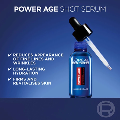 Image 1 - A blue bottle of LOréal Men Expert Power Age Shot Serum is shown with a black dropper, alongside text listing benefits: reduces appearance of fine lines and wrinkles, long-lasting hydration, and firms and revitalizes skin.
Image 2 - A close-up of a man holding a dropper next to his face, highlighting features of a skincare product, with text stating EASY TO APPLY AND SUBTLE ON THE SKIN and bullet points reading NON-STICKY, NON-GREASY, LIGHTWEIGHT FORMULA, and QUICKLY ABSORBED.
Image 3 - An image showcasing three skincare products from LOréal Men Expert labeled POWER AGE ROUTINE, including a serum, a moisturiser with Revitalising 24H Moisturiser and benefits listed, and an eye care product, with visible text reading POWER AGE and instructions for each step.
