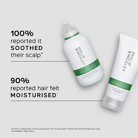 Image 1 - Two white Philip Kingsley hair care products, a shampoo bottle with a pointed nozzle and a conditioner tube, both with green and white labels, are displayed on a light grey background, alongside text that reads: 100% reported it SOOTHED their scalp*, 90% reported hair felt MOISTURISED^, with the shampoo label detailing PHILIP KINGSLEY FLAKY/ITCHY SCALP ANTI-DANDRUFF SHAMPOO SHAMPOOING ANTI-PELLICULAIRE 250ml e 8.45 FL.OZ., the conditioner label detailing PHILIP KINGSLEY FLAKY/ITCHY SCALP HYDRATING CONDITIONER APRÈS-SHAMPOOING HYDRATANT 200ml e 7.07 FL.OZ., and fine print at the bottom stating *95 person independent consumer perception trial. All participants suffered with dandruff/flaky/itchy scalp. INDEPENDENT USER TRIALS. Image 2 - The image shows five white Philip Kingsley hair products, including a small tube and four larger bottles or tubes, arranged to illustrate a four-step routine for FLAKY/ITCHY SCALP: TO SOOTHE AND CLEAR FLAKES & BUILD-UP, with the products labeled as Step 1 Mask, Step 2 Cleanse (for fine/medium hair), Step 2 Cleanse (for curls), Step 3 Condition, and Step 4 Toner.