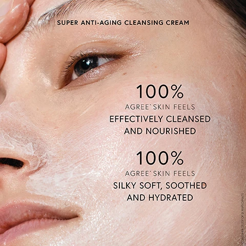 Image 2 - A close-up of a persons face with white cleansing cream on the skin, showing text SUPER ANTI-AGING CLEANSING CREAM, 100% AGREE* SKIN FEELS EFFECTIVELY CLEANSED AND NOURISHED, and 100% AGREE* SKIN FEELS SILKY SOFT, SOOTHED AND HYDRATED, *CONSUMER STUDY OF 31 PARTICIPANTS. Image 3 - A white tube of Super Anti-Aging Cleansing Cream, made in Germany, rests on a textured white background of cream, with the visible text below reading Super Effective. Its a pleasure to use and super effective at cleansing, leaving skin super soft and smooth as silk. I love it! — Miss R., DR. BARBARA STURM PATIENT. Image 4 - A white tube of Dr. Barbara Sturm skincare product is shown on a light gray background with clear water droplets, and the visible text includes Super Anti-Aging Cleansing Cream, A rich and nourishing cleanser that leaves skin soft and smooth, Dr. Barbara Sturm Molecular Cosmetics, Super Anti-Aging Cleansing Cream, and Made in Germany.