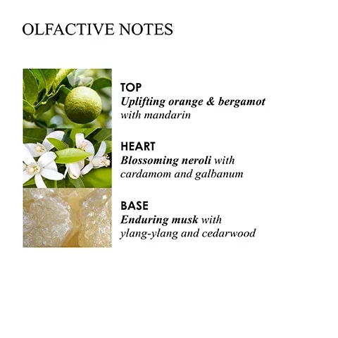 Image 1, olfactive notes eau de toilette. top = uplifting orange and bergamot with mandarin. heart = blossoming neroli with cardamon and galbanum. base = enduring musk with ylang ylang and cedarwood