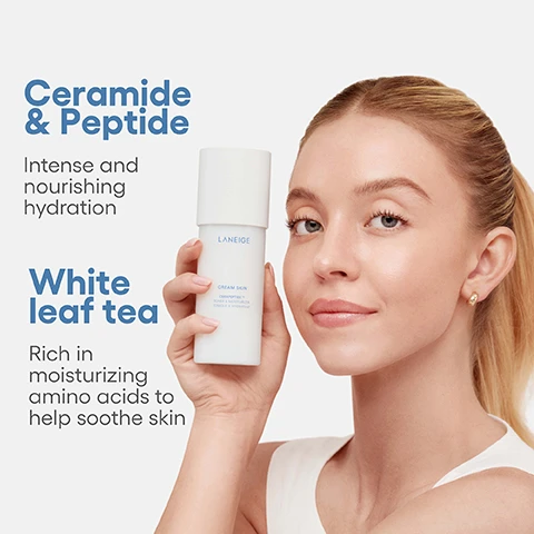 Image 1 - A woman with blonde hair smiling while holding a white Laneige Cream Skin bottle, with text on the left side of the image describing product benefits. The visible text reads: Ceramide & Peptide Intense and nourishing hydration White leaf tea Rich in moisturizing amino acids to help soothe skin LANEIGE CREAM SKIN CERAPEPTIDE™ TONER & MOISTURIZER TONIQUE & HYDRATANT. Image 2 - A white bottle of Laneige Cream Skin Toner & Moisturizer, with two liquid droplets above it, is featured on a white background alongside text and blue circular graphics stating: A milky cream-to-toner Formulated with nourishing ceramides and peptides for hydrated, visible firm skin. +836% Instant hydration *8x increased moisture level immediately after use. 120h Moisture Retention *Hydrated skin for up to 120 hours. *Based on clinical test on 30 women in their 20s and 30s (28 with dry skin) | Test period: 2022.07.28 - 2022.08.03. The bottle label itself reads LANEIGE, CREAM SKIN, CERAPEPTIDE™, TONER & MOISTURIZER, TONIQUE & HYDRATANT, and includes a small peel tab with text EASY PEEL FACILE A DÉCOLLER. Image 3 - Two close-up images show a persons skin on the right cheek and mouth area, with the left labeled Before use showing duller skin and the right labeled Immediately after use showing increased radiance, along with the text: 22.84% boost in visible skin radiance right after use*, and Based on a clinical study on 36 women in their 20s and 30s (more than 80% with dry skin). Test period: 2022.10.14 - 2022.10.24. Image 4 - A bar chart titled Visibly former, stronger skin in 4 weeks, displays that after 4 weeks of use, skin shows an 8.94% increase in visible firmness and an 8.16% increase in barrier strength, based on a clinical study on 31 women in their 20s and 30s (27 with dry skin) during the test period 2022.07.21 - 2022.08.19.