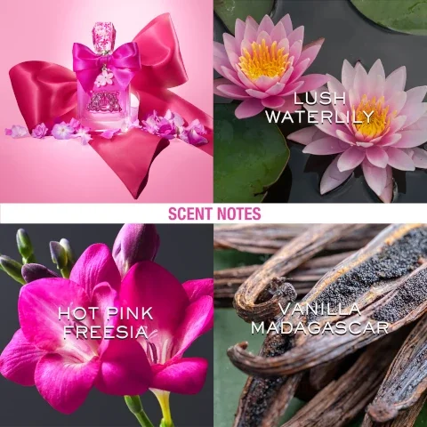 scent notes, lush waterlily, hot pink freesia, vanilla madagascar