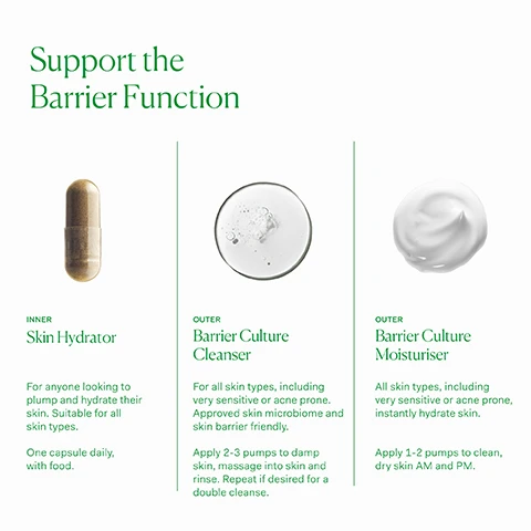 Image 1, support the barrier function. inner skin hydrator - for anyone looking to plump and hydrate their skin. suitable for all skin types. once capsule daily with food. outer barrier culture cleanser - for all skin types, including very sensitive or acne prone. approved skin microbiome and skin barrier friendly. apply 2-3 pumps to damp skin, massage into skin and rinse. repeat if desired for a double cleanse. outer barrier culture moisturiser - all skin types, including very sensitive or acne prone, instantly hydrate skin. apply 1-2 pumps to clean, dry skin AM and PM. image 2, old packaging vs new packaging. as our new packaging phases in sustainably, you may receive either out old or new jar and box. inside the jar it's the same formula you know and love. image 3, full list of ingredients.