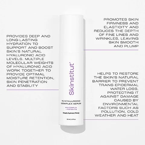 PROVIDES DEEP AND LONG-LASTING HYDRATION TO SUPPORT AND BOOST SKIN'S NATURAL HYALURONIC ACID LEVELS. MULTIPLE MOLECULAR WEIGHTS OF HYALURONIC ACID WORK TOGETHER TO PROVIDE OPTIMAL MOISTURE RETENTION, SKIN PENETRATION AND STABILITY. PROMOTES SKIN FIRMNESS AND ELASTICITY AND REDUCES THE DEPTH OF FINE LINES AND WRINKLES, LEAVING SKIN SMOOTH AND PLUMP. HELPS TO RESTORE THE SKIN'S NATURAL BARRIER TO PREVENT TRANS-EPIDERMAL WATER LOSS, PROTECTING IT AGAINST DAMAGE CAUSED BY ENVIRONMENTAL FACTORS SUCH AS POLLUTION, COLD WEATHER AND HEAT.