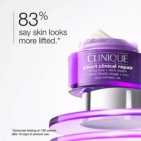 Image 1 - A purple cream jar labeled Clinique smart clinical repair lifting face + neck cream is shown with the text 83% say skin looks more lifted and a footnote that reads *Consumer testing on 132 women after 10 days of product use.
Image 2 - Image showing a side-by-side comparison of a persons skin before and after treatment, with the text Before on the top and After on the bottom, and additional text reading *Panelists individual results (12 weeks of daily use). Individual results will vary.
Image 3 - Image shows two circular clear containers with a gel-like substance, one containing a light beige gel with bubbles labeled Peptides help boost skins strength, and the other a transparent gel labeled Moisturising blend with hyaluronic acid helps hydrate and visibly smooth fine, dry lines.
Image 4 - An abstract white texture resembling cream with the words visibly lift, smooth, and hydrate, accompanied by corresponding icons for each phrase.
Image 5 - A purple background with a table listing products that are free of fragrance, sodium lauryl sulfate, sodium laureth sulfate, and drying alcohol, marked with an x next to each item.