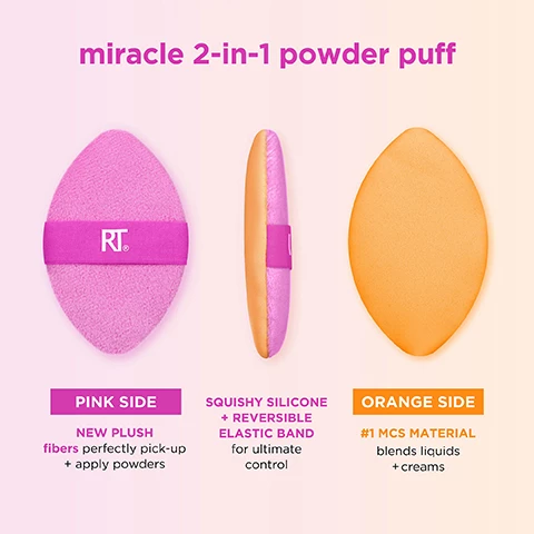 Image 1, miracle 2 in 1 powder puff. pink side new plush fibers perfectly pick up and apply powders. squishy silicone and reversible elastic band for ultimate control. orange side number 1 MCS material blends liquids and creams. image 2, miracle 2 in 1 powder puff. one puff, two sides. expert blending made easy. about the pink side. new plush fibers that pickup and apply powder to set or refresh your base. reversible elastic band for ultimate control and mess free usage of both sides. squishy silicone insert gives the puff a luxe bounce for ultimate application. best used when dry. image 3, miracle 2 in 1 powder puff. one puff, two sides. expert blending make easy, about the orange side. number 1 miracle complexion sponge material to effortlessly blend liquid or cream formulas. squishy silicone insert gives the puff a luxe bounce for ultimate application. best when used dry. image 4, miracle 2 in 1 powder puff unique features. reversible elastic band, squishy silicone insert, dual sided for liquid cream and powder makeup. image 5, base - blend liquid and cream makeup. define - contour and blend out blush. under eyes - set makeup. touch up - reduce shine in oil prone areas. image 6, before and after miracle 2 in 1 powder puff.