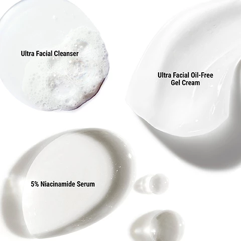 Image 1, ultra facial cleanser, ultra facial oil free gel cream, 5% niacinamide serum. Image 2, ultra facial cleanser, ultra facial oil free gel cream, 5% niacinamide serum (full size product. Image 3, cleanse with ultra facial cleanser, treat with 5% niacinamide serum, hydrate with ultra facial oil free gel cream. Image 4, visibly reduce oil and shine