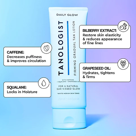 Image 1, bilberry extract restores skin elasticity and reduces appearance of fine lines. caffeine decreases puffiness and improves circulation. grapeseed oil hydrates, tightens and firms. squalane boosts natural skin hydration for long lasting glow.  image 2, how to apply daily glow. step 1 = massage evenly onto dry skin in place of your body lotion. step 2 = use sparingly on hands, elbows, knees and ankles. step 3 = wash hands thoroughly after application. step 4 = use daily for natural sunkissed tan.