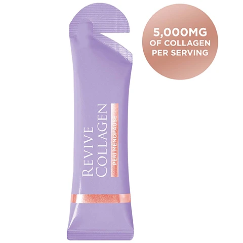 Image 1 - A light purple Revive Collagen Peri Menopause supplement sachet is shown next to a rose gold circle stating 5,000MG OF COLLAGEN PER SERVING. Image 2 - The image shows a sachet of Revive Collagen Peri Menopause and spilled orange liquid on a light purple background with a small amber droplet, accompanied by the text Revive Collagen Peri Menopause, Revive Collagen Menopause Range - A world first!, Packed with 5,000mg of Type 1 Marine Collagen, Inositol - Helps to regulate insulin & lower blood pressure, Retinol - Boosts collagen production & skin renewal for a radiant complexion, Selenium - Preserves tissue elasticity & youth appearance of the skin. Helps reduce hot flushes!, Zinc - Helps relieve vaginal dryness, Folic Acid - Helps to reduce hot flushes!, 50% Vitamin B6 & B12 - Helps reduce tiredness & fatigue, 50% Vitamin C & D - Powerful antioxidant that helps aid in collagen production & works to brighten the skin, Great-tasting Passion Fruit flavour!, and Revive Collagen Peri Menopause. Image 3 - A before and after split image of a womans face, on the left with dark hair and a flushed complexion, and on the right with her hair pulled back and smoother, clearer skin, with the text BEFORE and AFTER. Image 4 - The image displays a comparison between a purple Revive Collagen sachet on the left and a pile of white collagen tablets on the right, with text indicating that 1 Revive Collagen sachet has a 90% to 95% absorption rate, which is equal to 20 Collagen tablets with a 30% to 40% absorption rate. Image 5 - An infographic titled How Collagen Impacts Our Skin During Menopause shows a bar graph of Collagen Levels in the Body (%) decreasing with Age from 80% at 30 years to 20% at 60 years, with the text We lose an extra 30% of our collagen during the first five years of menopause, and three skin cross-section diagrams titled Our Skin As We Age depicting healthy skin at 35 Years, skin with some wrinkles and less Hyaluronic Acid, Collagen, and Elastin at 45 Years, and skin with deep wrinkles and significantly reduced Hyaluronic Acid, Collagen, and Elastin at 55 Years.