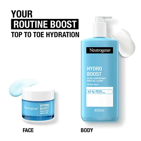 Image 1 - Image shows two Neutrogena products for hydration: a small blue jar labeled HYDRO BOOST Water Gel for the face on the left and a larger blue bottle labeled HYDRO BOOST Ultra Lightweight Body Gel Lotion for the body on the right, with text that reads YOUR ROUTINE BOOST TOP TO TOE HYDRATION.
Image 2 - Image of a blue jar labeled Hydro Boost Water Gel with text indicating it was developed with dermatologists, stating it delivers 6x more hydration instantly, respects the skin barrier, gently cleanses to remove makeup and dirt, and is suitable for all skin types, including sensitive skin.
Image 3 - A bottle of Neutrogena Hydro Boost Ultra Lightweight Body Gel Lotion with a blue label, displaying text that states it boosts hydration, features an ultra-light formula, is non-greasy, and is suitable for all skin types, including sensitive skin, and has a volume of 400ml.
Image 4 - An image featuring Neutrogenas Hydro Boost water gel and ultra lightweight body gel lotion, with the text YOUR ULTIMATE HYDRATING ROUTINE and HYDRO BOOST prominently displayed.