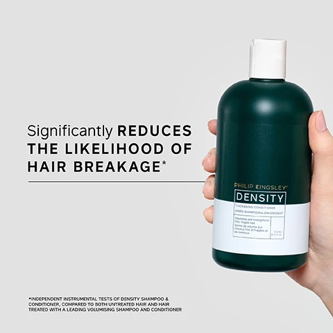 Image 1 - A person holds a green bottle of Philip Kingsley Density shampoo and conditioner, with text stating significantly reduces the likelihood of hair breakage.
Image 2 - A hand holds a bottle of hair restoration product while dispensing a small amount of cream into the palm, accompanied by the text indicating a customer review about hair restoration.
Image 3 - A person with short, textured light blonde hair is shown from the back, with the left side labeled Before displaying a messy appearance, and the right side labeled After showcasing a neat, styled look.
Image 4 - A close-up image of shiny, straight hair being combed with a black comb, accompanied by the text that reads TRICHOLOGIST TIP After shampooing, gently work into the mid-lengths and ends of the hair, avoiding the roots. Rinse well.