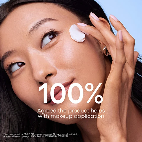 Image 1 - A person with dark hair and light pink nails applies white cream to their right cheek while looking upwards, with the overlaid text 100% Agreed the product helps with makeup application and *Test conducted by GMRC / Consumer survey of 32 dry skin multi-ethnicity women with average age of 30s. Period: 2023.08.23 - 2023.09.27. Image 2 - An image features two stacked blue jars of Laneige Water Bank Blue Hyaluronic Intensive Moisturizer, 50 mL / 1.6 fl. oz., and accompanying text reads #Moisture Barrier Repair Cream, Protect skin against various external irritants (low and high temperature, sunlight, etc.), 210% better protection against skin dryness*, COLD WIND, SUNLIGHT, with fine print stating *Test conducted by GMRC / Consumer survey of 32 dry skin multi-ethnicity women with average age of 30s. Period: 2023.08.23 - 2023.09.27 *Protect from external irritation (cold air treatment 10°C). Image 3 - A blue jar of Laneige Water Bank Blue Hyaluronic Intensive Moisturizer is featured alongside text detailing Enhanced Repair Ingredients: O-Mega Peptide (Omega oil - Essential fatty acids for moisture barrier repair and soothing, Peptide - Increase essential skin elasticity factors), Ceramide (Strengthen skin barrier), and Blue Hyaluronic Acid (Repair moisture barrier). Image 4 - The image shows three blue jars of Laneige Water Bank Blue Hyaluronic moisturizers, from left to right, a light blue Gel Moisturizer, a medium blue Cream Moisturizer, and a dark blue Intensive Moisturizer, arranged on a light blue surface, with the accompanying text: GEL MOISTURIZER Balancing barrier Oily skin & oily skin lacking moisture Soothing, skin moisture & oil balancing Cooling gel formula LANEIGE WATER BANK BLUE HYALURONIC Gel Moisturizer CREAM MOISTURIZER Fortifying Barrier Dry skin & dull skin that lost its elasticity and vitality due to dryness Skin firmness and healthy glow Soft cream formula LANEIGE WATER BANK BLUE HYALURONIC Cream Moisturizer INTENSIVE MOISTURIZER Protecting Moisture Barrier Very dry & skin with redness* and itchiness** Prevents visible skin redness and itchiness Balm-to-cream formula LANEIGE WATER BANK BLUE HYALURONIC Intensive Moisturizer *Prevents temporary redness induced by external irritation. **Limited to itchiness induced by skin dryness.