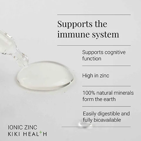 Image 1 - Image shows a drop of liquid being dispensed from a dropper with text highlighting benefits of a health product: Supports the immune system, Supports cognitive function, High in zinc, 100% natural minerals from the earth, Easily digestible and fully bioavailable, IONIC ZINC, KIKI HEALTH.