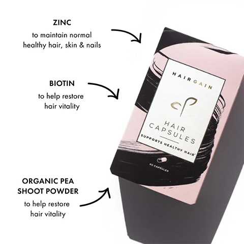 Image 1 - A pink and black box of Hairgain Hair Capsules is shown next to text listing key ingredients and their benefits HAIRGAIN CP HAIR CAPSULES SUPPORTS HEALTHY HAIR 60 CAPSULES ZINC to maintain normal healthy hair skin & nails BIOTIN to help restore hair vitality ORGANIC PEA SHOOT POWDER to help restore hair vitality. Image 2 - Image displaying a pink Hair Gain Hair Capsules box next to a list of benefits titled THE BENEFITS which includes Hair Gain Capsules support healthy hair, Contains clinically-tested AnaGain Pea Shoots, Added support for collagen production skin and nails, Vegetarian Vegan and Halal certified, the box itself is labeled HAIR GAIN HAIR CAPSULES SUPPORTS HEALTHY HAIR 60 CAPSULES. Image 3 - A before and after image showing hair on the top of a head, with visible thinning hair in the image labeled BEFORE and fuller hair in the image labeled AFTER. Image 4 - Two photos comparing hair growth on the top of a head, with the first showing thinning hair labeled BEFORE, and the second showing thicker hair labeled AFTER. Image 5 - Side view photos show a womans hair part before and after, with labels BEFORE and AFTER. Image 6 - Two photos of a womans head from the side comparing her hair, labeled BEFORE and AFTER. Image 7 - A woman holds Hair Gain capsules above a box of Hair Gain Hair Capsules, with a testimonial box showing Five stars icon Great products best Ive used Hair seems thicker already JD Hair Gain customer, and the box label reading Hair Gain gp logo HAIR CAPSULES SUPPORTS HEALTHY HAIR 60 CAPSULES.