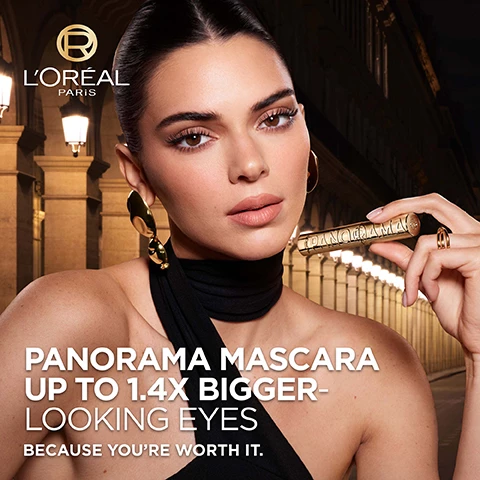 Image 1, panorama mascara up to 1.4 times bigger looking eyes. because you're worth it. image 2, corner to corner panoramic volume. fanned out lashes, smudge resistant. image 3, eyes appear 1.4 times bigger, before and after. image 4, multi level bristle brush. short and long bristles to volumise and fan the lashes. image 5, tested under ophthalmological control. suitable for sensitive eyes. suitable for contact lens wearers. dermatologist tested for safety. image 6, suitable for all  lashes before and after. image 7, enriched with 5% stretchflex complex. ultra flexiable formula wraps each lash for separated clump free volume.