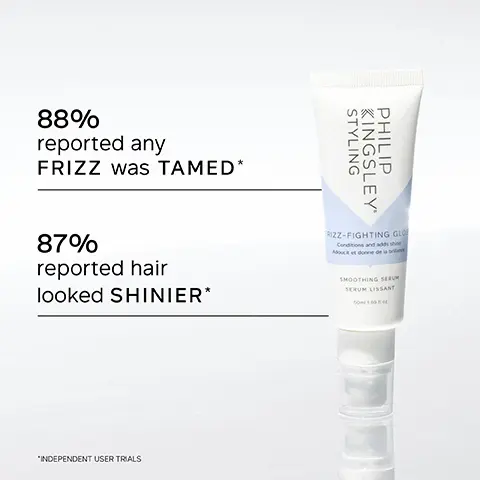 Image 1, 88% reported any FRIZZ was TAMED* 87% reported hair looked SHINIER* "INDEPENDENT USER TRIALS STYLING KINGSLEY PHILIP RIZZ-FIGHTING GLO Conditions and adds shine Aduct et donne de la brind SMOOTHING SERUM SERUM LISSANT Image 2, STYLING KINGSLEY PHILIP FRIZZ-FIGHTING GLOSS SMOOTHING SERUM SERUM LISSANT KEY BENEFITS Heat protection up to 190°C Adds mirror-like shine for vibrancy Eliminates frizz for smooth, silky locks Image 3, 66 I have coarse thick hair and this MAGICAL SERUM is the only thing that tames it (And I have tried them all!) No more bad hair days, just SMOOTH, SHINY HAIR. CUSTOMER REVIEW N Image 4, KEY INGREDIENTS PHYTANTRIOL Enhances hair's suppleness and sheen. Improves damaged hair texture and increases moisture. SILICONE BLEND Forms a frizz-guarding film over hair, which protects, conditions and adds high-shine. Image 5, BEFORE AFTER