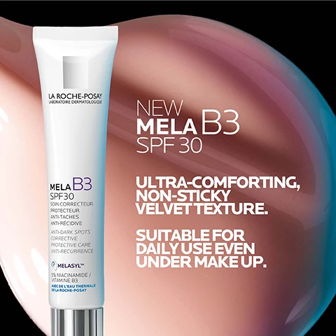 Image 1 - A tube of La Roche-Posay Mela B3 SPF 30 sunscreen is prominently displayed against a soft peach-toned background, with text that reads NEW MELA B3 SPF 30, ULTRA-COMFORTING, NON-STICKY VELVET TEXTURE, and SUITABLE FOR DAILY USE EVEN UNDER MAKE UP.
Image 2 - An image featuring two abstract designs on a black background: the left side displays a circular pattern labeled MELASYL™ with the text FIGHT HYPERPIGMENTATION. A NEW MODE OF ACTION LIKE NEVER BEFORE. while the right side shows another circular pattern labeled 5% NIACINAMIDE with the text SOOTHES THE SKIN & STRENGTHENS THE SKIN BARRIER.
Image 3 - A close-up of a womans face showing a creamy skincare product applied to her cheek, with text stating non-sticky velvet cream texture, clinically tested on dark spot prone skin, and ultra-comfort sensoriality for maximum efficacy.
Image 4 - Three skincare products from La Roche-Posay are displayed: a purple cleanser labeled MELA B3 CLEANSER Purifying Micro-Peeling, a purple serum labeled MELA B3 SERUM Anti-Dark Spots, and a white cream labeled MELA B3 SPF 30 Corrective Protective Care, with large blue numbers 1, 2, and 3 indicating the order of use.
Image 5 - A hand wearing a white glove is holding a tube of La Roche-Posay Mela B3 SPF 30, which is a corrective skincare product, with the text displaying number one dermatologist recommended brand in the UK.
Image 6 - Image of a tube of La Roche-Posay MELA B3 SPF 30 sunscreen cream alongside various skin tone swatches, with visible text stating MELA B3 SPF 30 and suitable for all skin tones.