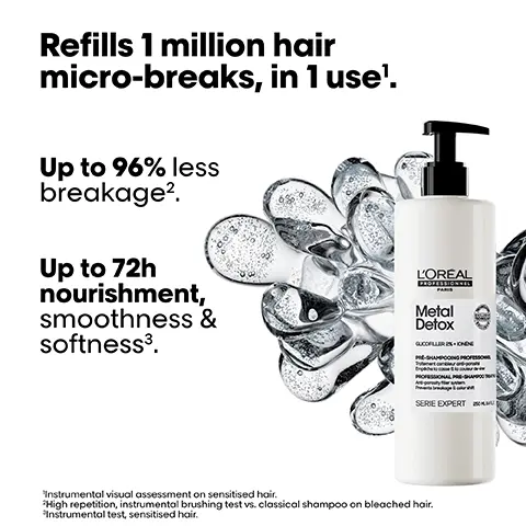 Image 1, Refills 1 million hair micro-breaks, in 1 use'. Up to 96% less breakage2. Up to 72h nourishment, smoothness & softness3. L'OREAL PROFESSIONNEL Metal Detox GUCOFILLER INKOMEN PROFESSIONAL PRE-SHAP SERIE EXPERT Instrumental visual assessment on sensitised hair. High repetition, instrumental brushing test vs. classical shampoo on bleached hair. *Instrumental test, sensitised hair. Image 2, Before After Before After Before After Before & After usage of the full professional Metal Detox routine and styling. Metal Detox Image 3, Hair porosity is observed at 2 levels, contributing to hair breakage. Inside the hair Cavities can form inside damaged hair, leading to more absorption of water with metal On the surface When cuticles are opened, lifted or develop micro-breaks due to daily agressions, more water with metal can penetrate inside the hair. Micro-breaks are a disruption of the protective cuticle layer which are the first signs of damage. This leads to higher risks of breakage. Image 4, INNOVATIVE TECHNOLOGY Glicofiller Pre-shampoo formulated with Glicofiller. Helps prevent excess absorption*. On the surface Helps coat hair & refill micro-breaks. Inside the fibre Penetrates the hair down to the cortex. 1 *Instrumental test after 10 applications of pre-shampoo shampoo + mask oil. Image 5, A professional 5-step routine for thick & sensitised hair. NEW! T KOREA Motol Detox L'OREAL Motal Detox Metol Detox Metal Detox 01 Prepare. 02 03 04 Cleanse. Treat. Protect. 05 Style. Image 6, Our fragrance. Salty bergamot L'OREAL Metal Detox Grapefruit flower Guaiac wood SERE EXPERT