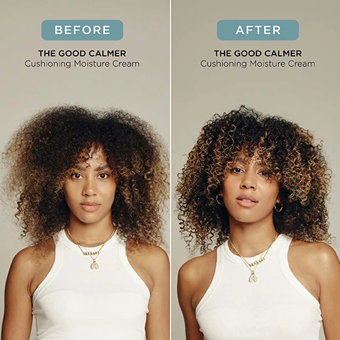 Image 3 - A side-by-side comparison shows a woman with voluminous, frizzy, dark and blonde curly hair on the left, labeled BEFORE THE GOOD CALMER Cushioning Moisture Cream, and the same woman on the right with more defined, smoother, dark and blonde curly hair, labeled AFTER THE GOOD CALMER Cushioning Moisture Cream. Image 4 - A tattooed hand holds a light blue tube of ARRKIVE hair cream, next to usage instructions: ARRKIVE BY ADAM REED THE GOOD CALMER CUSHIONING MOISTURE CREAM CRÈME HYDRATANTE PROTECTRICE 180 mL e 6.0 FL. OZ. (US) HOW TO USE: Apply to freshly washed and towel-dried hair. Work two-three pumps in, building as needed, from root to tip and comb through for even distribution. Style as desired. TOP TIPS: Apply and let air-dry for soft hold, or diffuse for more volume and control. Blend with The Good Habit Hybrid Oil for extra nourishment and gloss. Image 5 - Two teal-colored ARKIVE hair care products, a tube labeled The Good Calmer Cushioning Moisture Cream Crème Hydratante Protectrice 90 mL 3.0 FL. OZ. (US) and a bottle labeled The New Form Blow Dry Spray Spray de Brushing 200 mL 6.8 fl. oz., both by Adam Reed, sit on a wooden surface with a yellow globe partially visible, next to text that reads Sunflower Extract softens without weighing hair down, Moringa Seed Oil promotes hair strength & hydration, and Baobab Oil for moisture & shine. Image 7 - A still life image shows two red tomatoes, redcurrants, honeysuckle flowers, and a plant stalk on a light background, with text that reads Smells Like: No One Elsie, A fresh and elevated fragrance inspired by Adam’s grandmother’s English greenhouse, Head Notes Rhubarb Tomato Leaf, Heart Notes Honeysuckle Redcurrant, Ground Notes Vetiver Incense. Image 8 - A light blue tube of ARKIVE THE GOOD CALMER CUSHIONING MOISTURE CREAM HYDRATANTE PROTECTRICE 50 ML rests horizontally on rolls of green and brown paper, with additional text on the image reading MADE WITHOUT: ALUMINIUM, AMMONIA, LACTOSE, LATEX, TALC, MINERAL OIL, PARABENS, SULPHATE, GLUTEN, and a column of icons with text: VEGAN, Certified B Corporation, MADE WITH RECYCLED CONTENT, Cruelty Free International, AWARD WINNING.